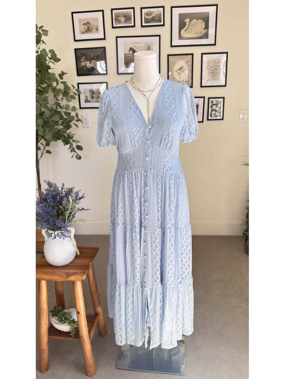 Simplee Blue Lace Tiered Midi Dress - Size S